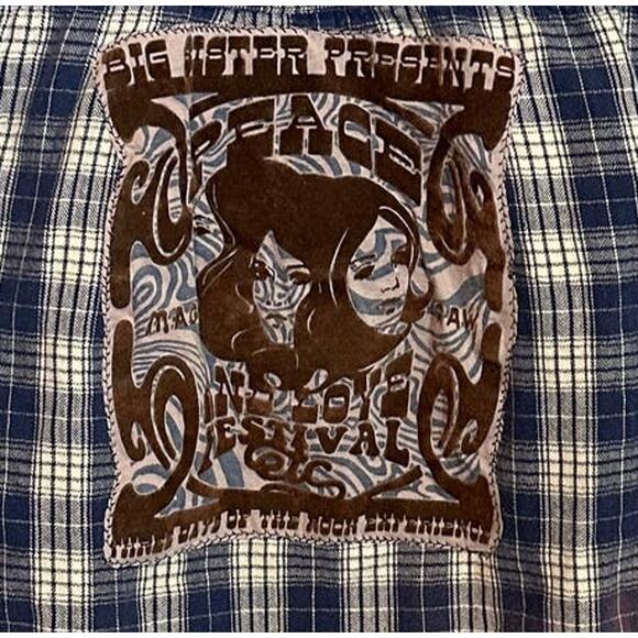 60s Rock Festival Plaid Flannel Shirt Shacket MEDIUM Oversize One of Kind Purple - Picture 2 of 6